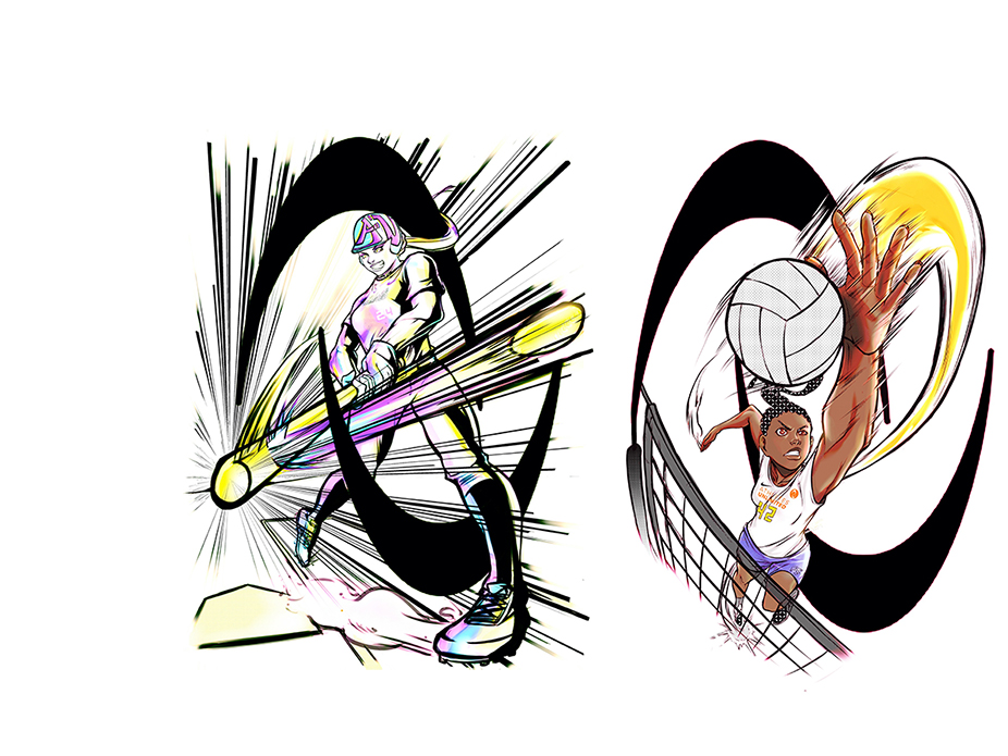 The batter and the volleyball player from Cameron Gipson's designs for Athletes Unlimited.