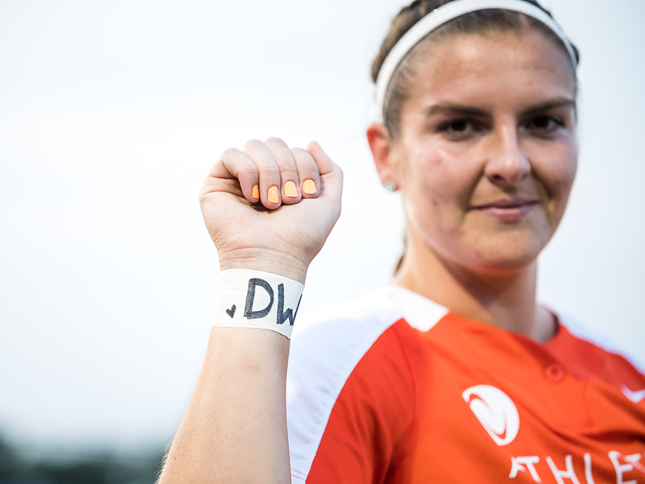 Haylie Wagner with tape on her wrist that has
