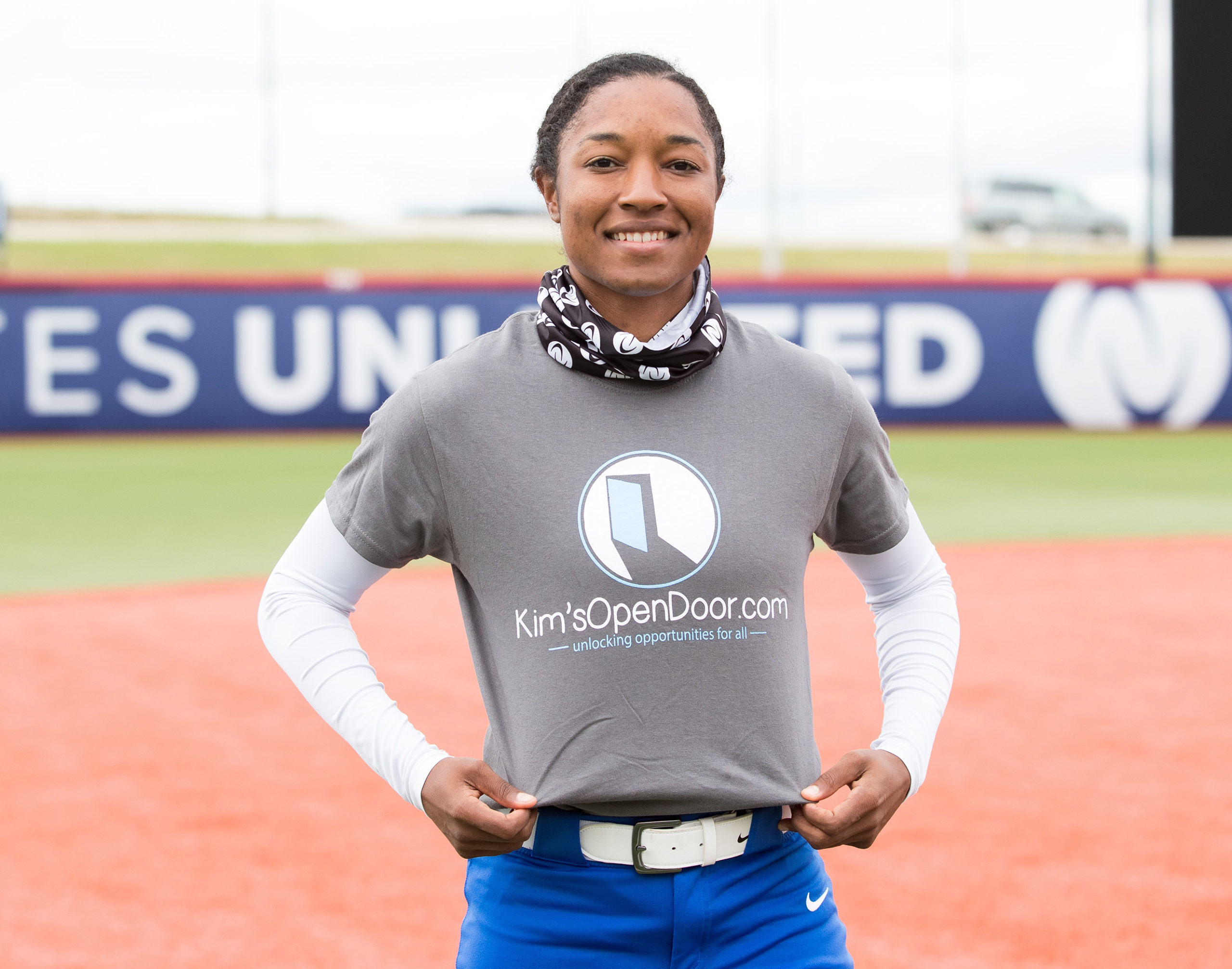 Michelle Moultrie wearing a shirt representing her non-profit.