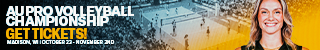 A blue and gold gradient overlayed on a photo of a volleyball court with players competing with a photo of Micha Hancock smiling.