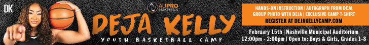 "Deja Kelly Youth Basketball Camp. Feb 15 Nashville Municipal Auditorium, 12pm - 2pm. Open to Boys & Girls, Grades 1 - 8"